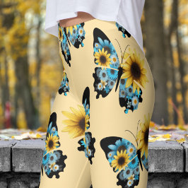 Leggings Hermoso patrón de flores de mariposa amarillo beig