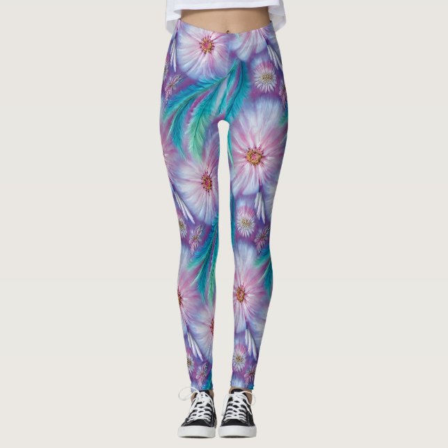 Leggings Hermoso patrón de plumas y flores (Anverso)