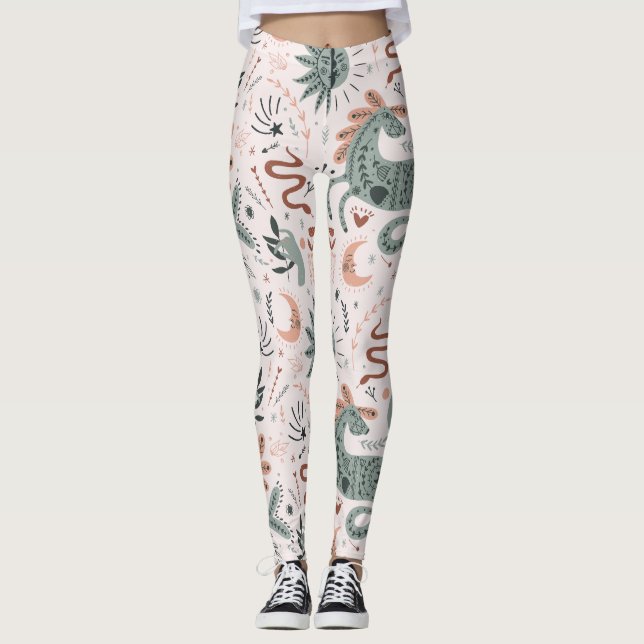 Leggings Hermoso patrón en luna rosa y verde (Anverso)