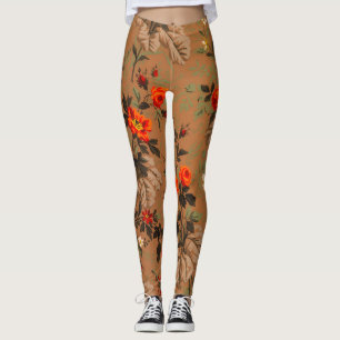 Leggings hermoso patrón floral de rosas rojas vintage