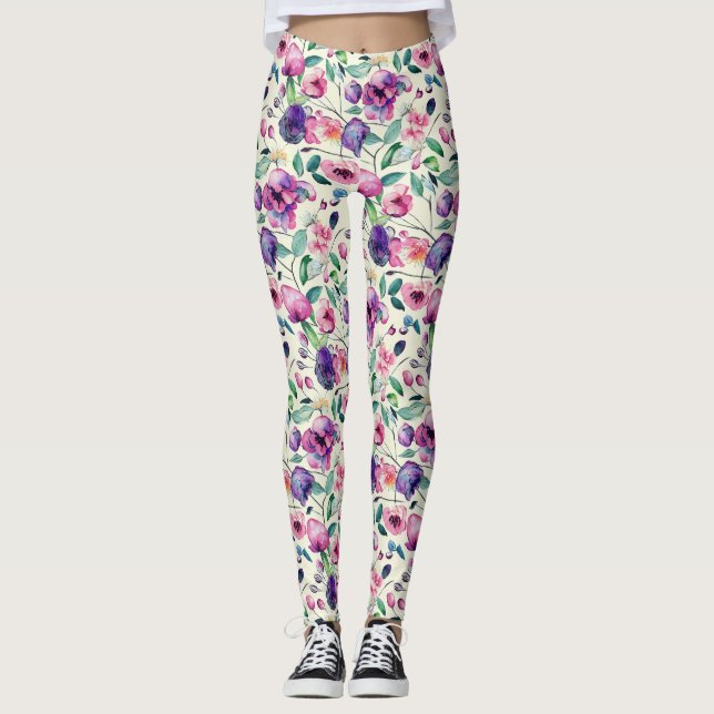 Leggings Hermoso Patrón Floral Púrpura Y Rosa (Anverso)