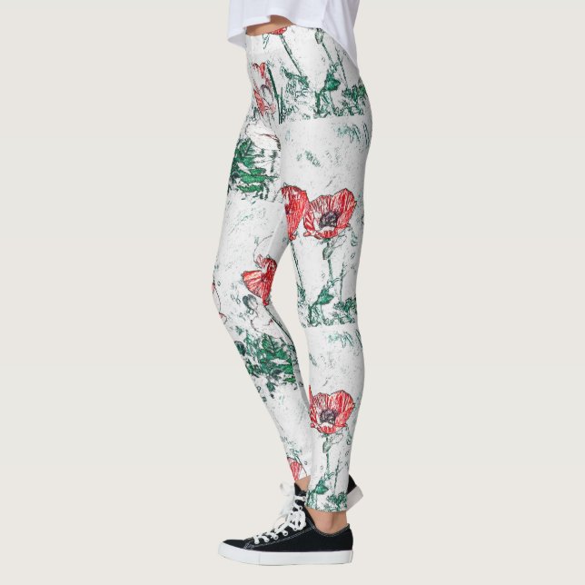 Leggings Hermoso Sketch de flores rojas de tres amapolas (Izquierda)