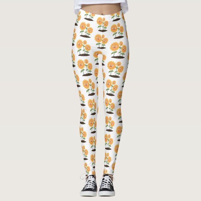 Leggings Hermosos girasoles alegres sonrientes ilustracion  (Anverso)