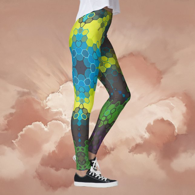 Leggings Hex Mandala Verde Amarillo y Azul (Green and Blue Hexagon Mandala Leggings By Wormhole Orbital)