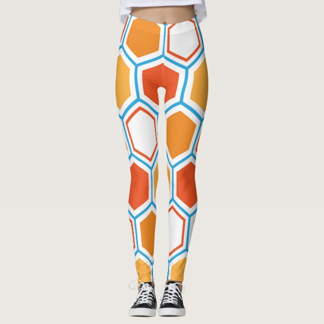 Leggings Hexagon in orange, blue and white (Anverso)