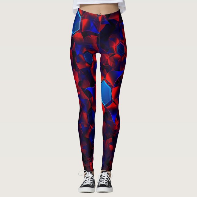 Leggings hexágono azul mezclado con curvas rojas superpuest (Anverso)