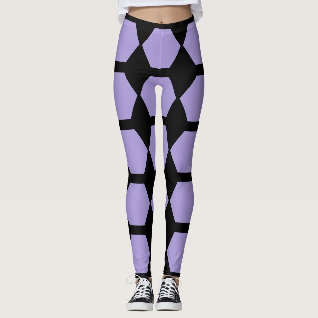 Leggings Hexágono hexagonal de abeja negra morado de lavand (Anverso)