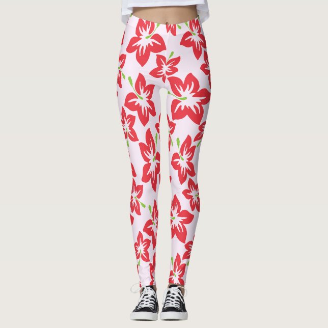 Leggings Hibisco Rojo, Flores Rojas, Patrón De Flores (Anverso)