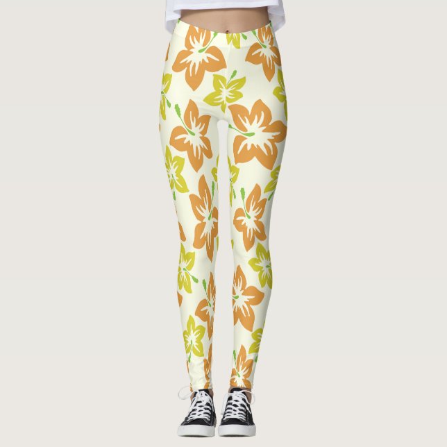 Leggings Hibiscus amarillo, Hibiscus Naranja, patrón floral (Anverso)