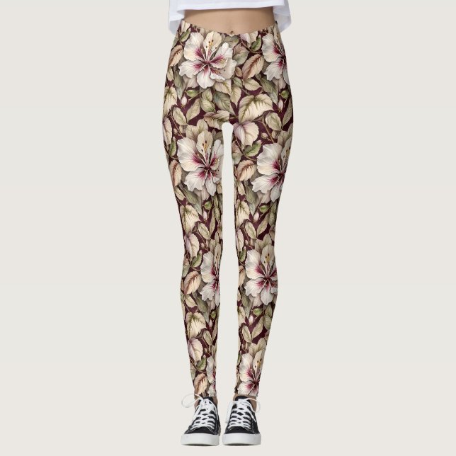 Leggings Hibiscus blanco en Maroon (Anverso)