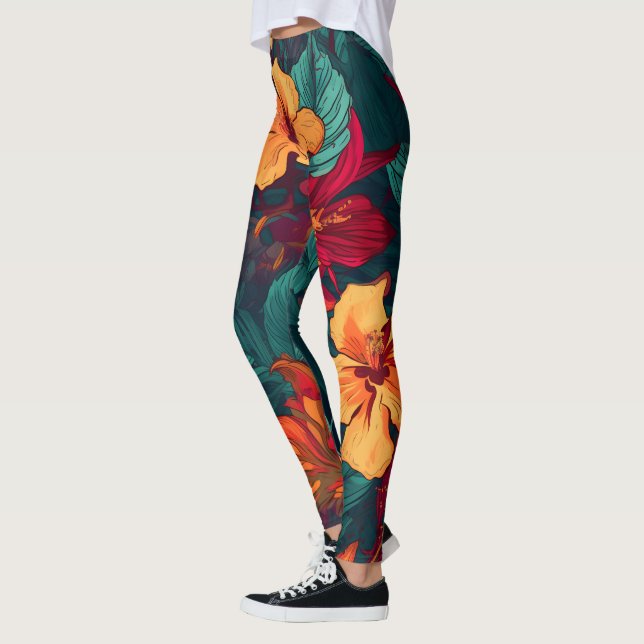 Leggings Hibiscus colorido, floral verde Naranja amarillo (Izquierda)
