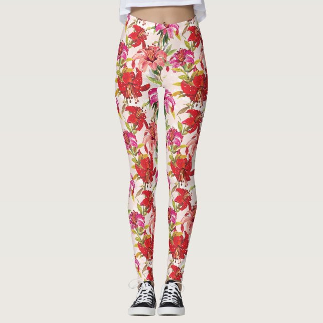 Leggings Hibiscus floral rojo y rosa (Anverso)