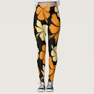 Leggings Hibiscus hawaiano: Patrón tropical Naranja.