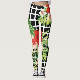 Leggings Hibiscus Palm Leaves Tropical Pattern