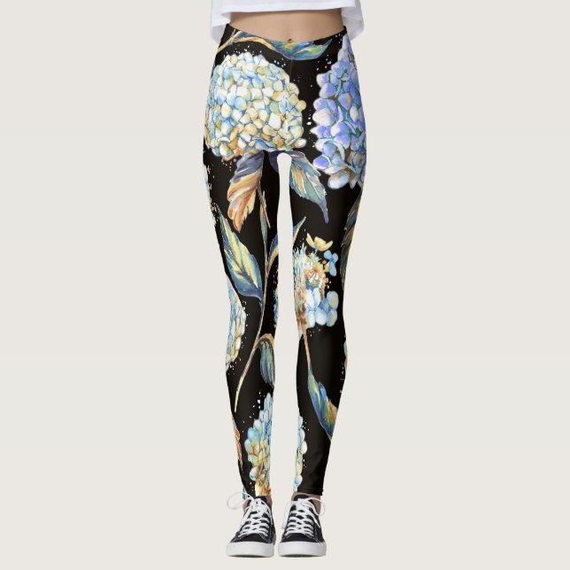 Leggings Hidrangea Azul Acuarela: Patrón oscuro sin foco (Anverso)