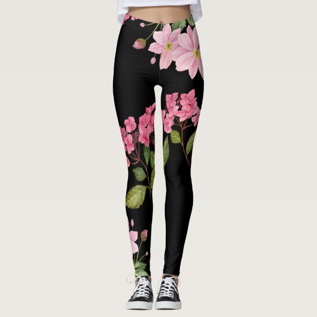 Leggings Hidrangea rosa acuarela y anémona japonesa (Anverso)