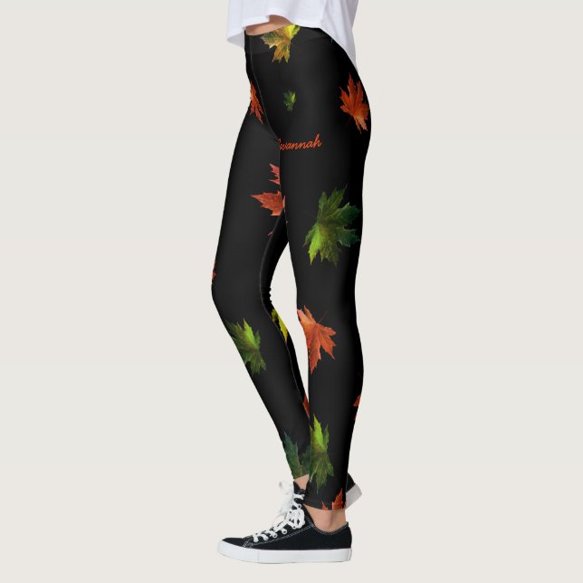 Leggings Hoja de arce rústica con tu nombre en negro (Izquierda)