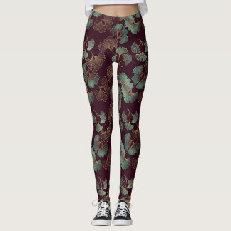 Leggings Hoja de Ginkgo elegante en Burdeos y Turquesa
