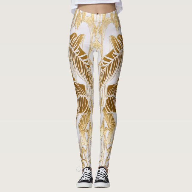 Leggings Hoja de Monstera de Marfil de Lujo y Oro Palma (Anverso)