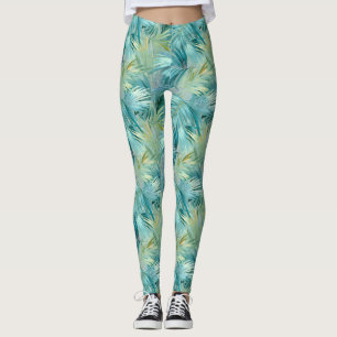 Leggings Hoja de palma azul tropical con patrón de acuarela