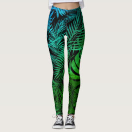 Leggings hoja de palma tropical oscura verde verde azulada 