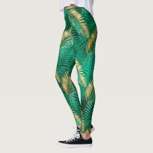 Leggings Hoja de palma verde esmeralda brillante selva dora