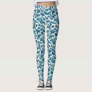 Leggings Hojas abstractas blancas y azules   Patrón costero