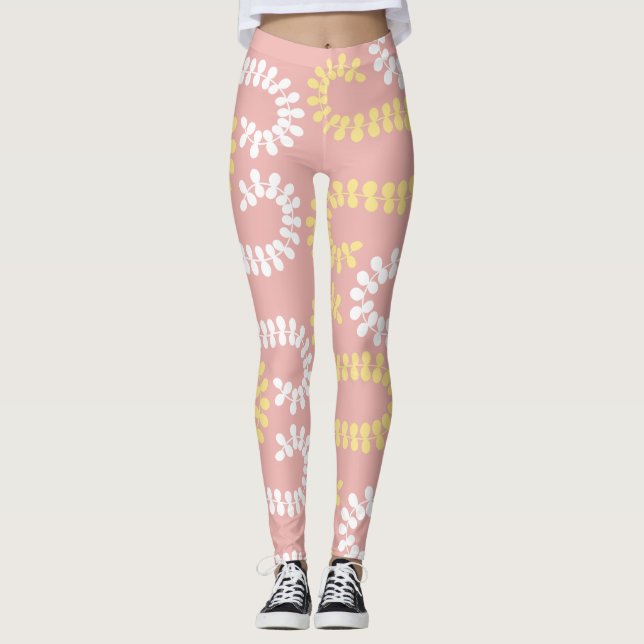 Leggings hojas animal amarillo lindo hojas bello rosa (Anverso)