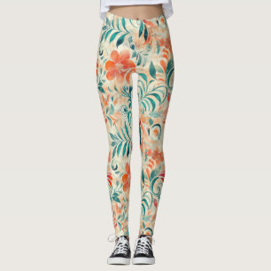 Leggings Hojas azules rusas y patrón floral Naranja rojo