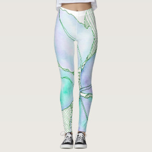 Leggings Hojas botánicas de lavanda verde menta en acuarela