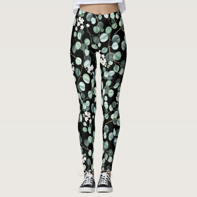 Leggings Hojas de eucalipto: Patrón de flores blancas (Anverso)