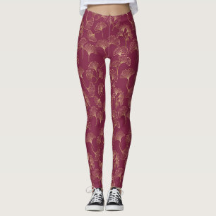 Leggings Hojas de Ginkgo doradas lujosas sobre burgundy pro