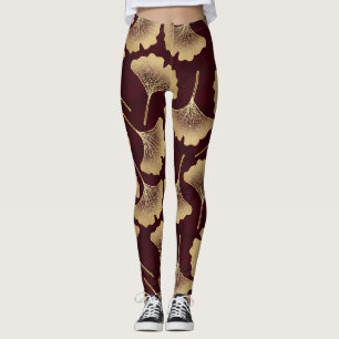 Leggings Hojas de Ginkgo doradas patrón botánico de Borgoña