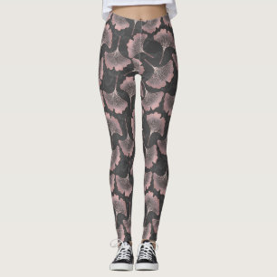 Leggings Hojas de Ginkgo rosadas elegantes sobre fondo negr