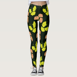 Leggings Hojas de Ginko Pastel-Neón sobre Fondo Negro