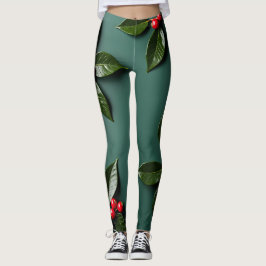 Leggings Hojas de Holly y bayas en un lienzo verde profundo