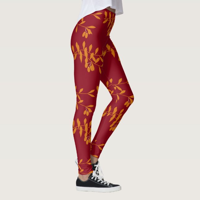 Leggings hojas de la rama de silueta naranja en rojo (Derecha)