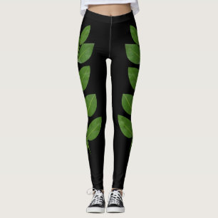Leggings Hojas de Laurel Verdes Modernas sobre Negro