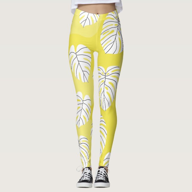 Leggings Hojas de monstera, fondo amarillo brillante. (Anverso)