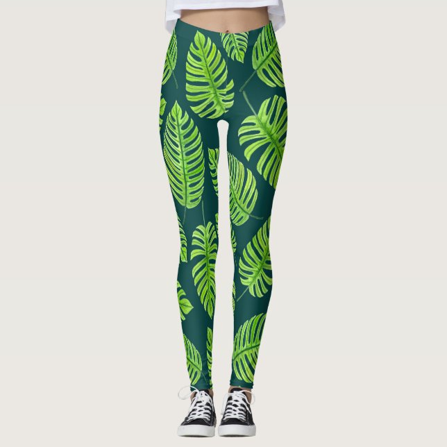 Leggings Hojas de monstera, patrón de acuarela tropical (Anverso)