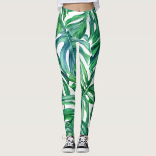 Leggings Hojas de Monstera: Patrón de jungla acuarela.