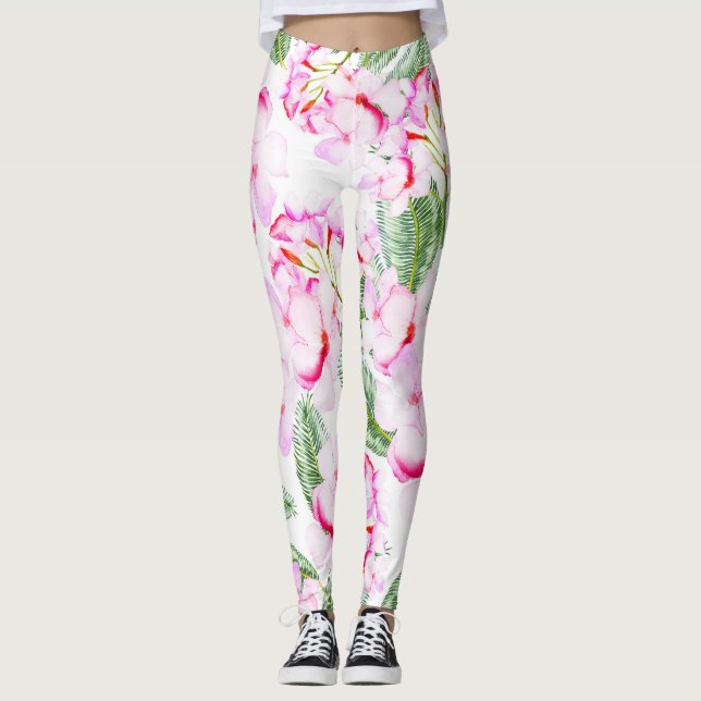 Leggings Hojas de oasis botánico tropical verde rosa floral (Anverso)
