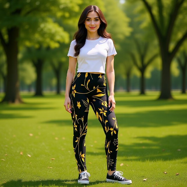 Leggings Hojas de oro con fondo negro (Subido por el creador)
