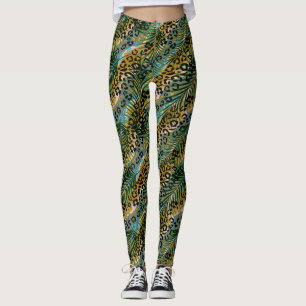 Leggings Hojas de palma sobre un fondo de leopardo.