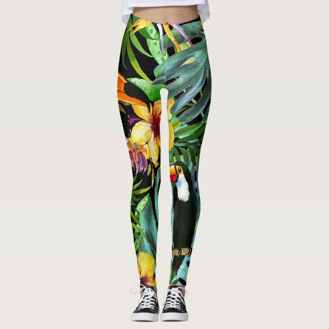 Leggings Hojas de palma tropicales Toucan floral del verdor (Anverso)