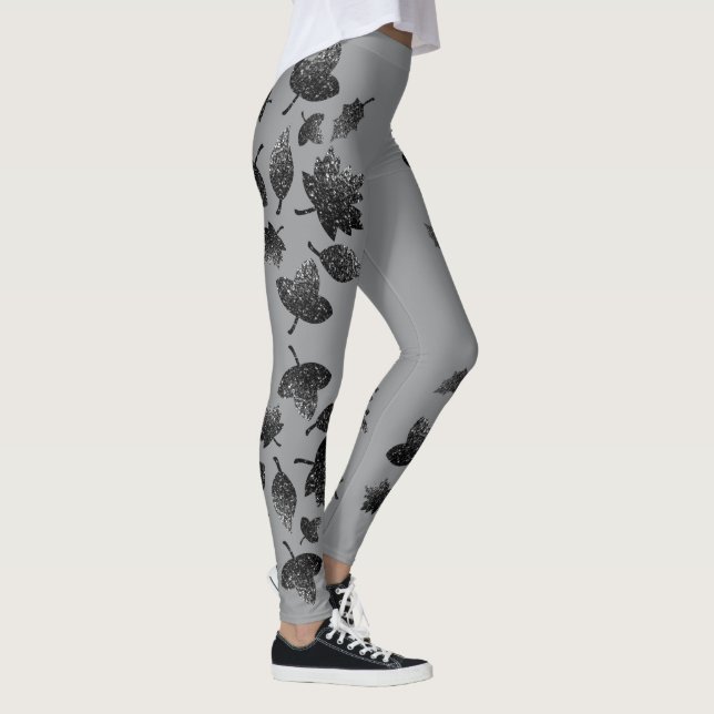 Leggings Hojas de plata gris espárragos caen patrón otoño