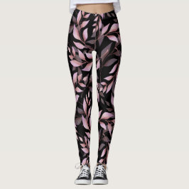 Leggings Hojas de Rosa Pastel sobre Negro