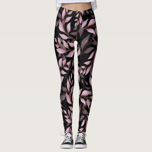 Leggings Hojas de Rosa Pastel sobre Negro
