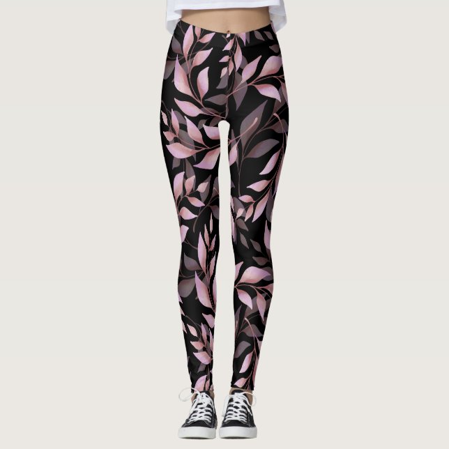 Leggings Hojas de Rosa Pastel sobre Negro (Anverso)