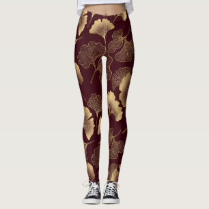 Leggings Hojas doradas de Ginkgo en Botánica elegante roja